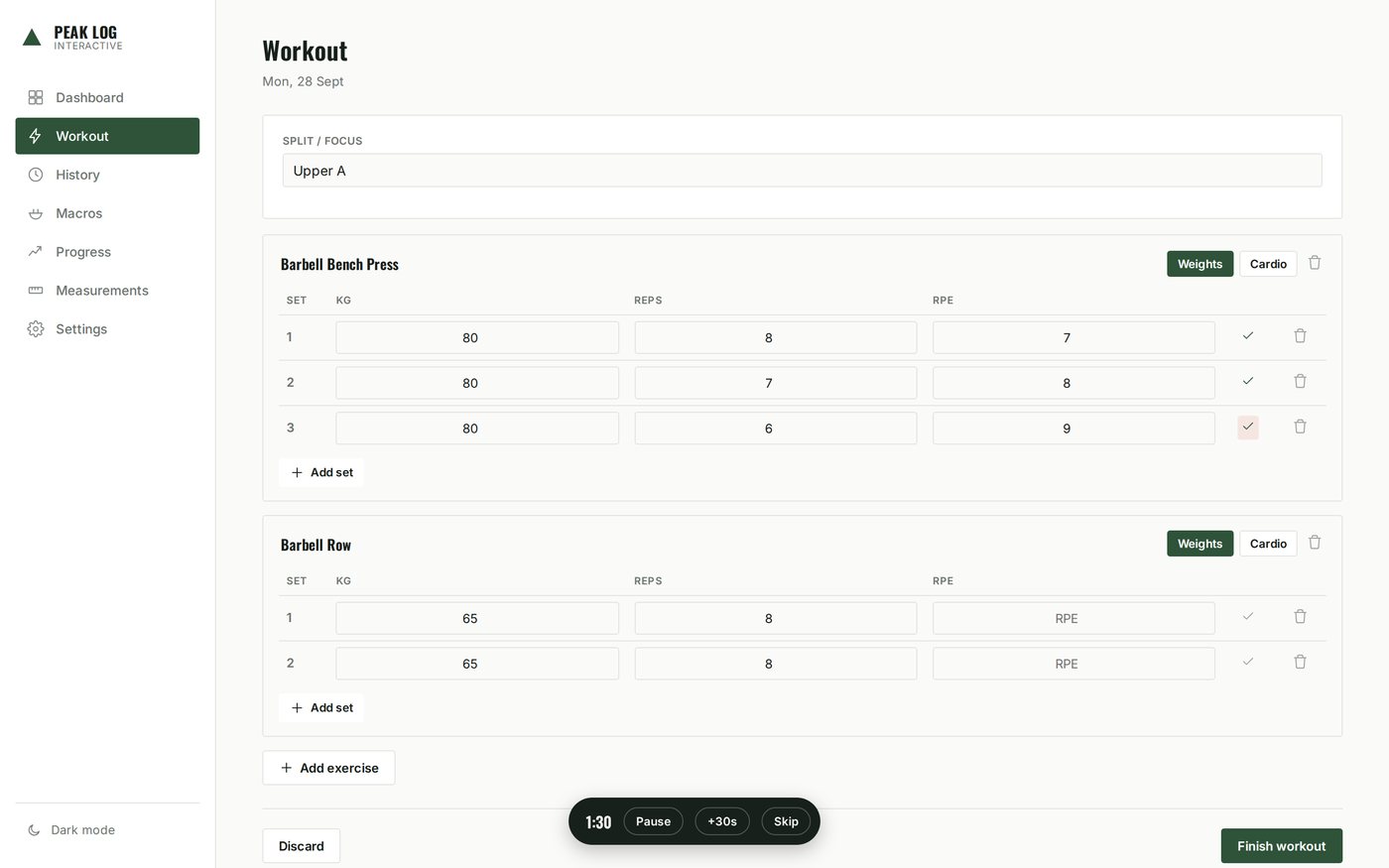 Workout logger with bench press and barbell row sets