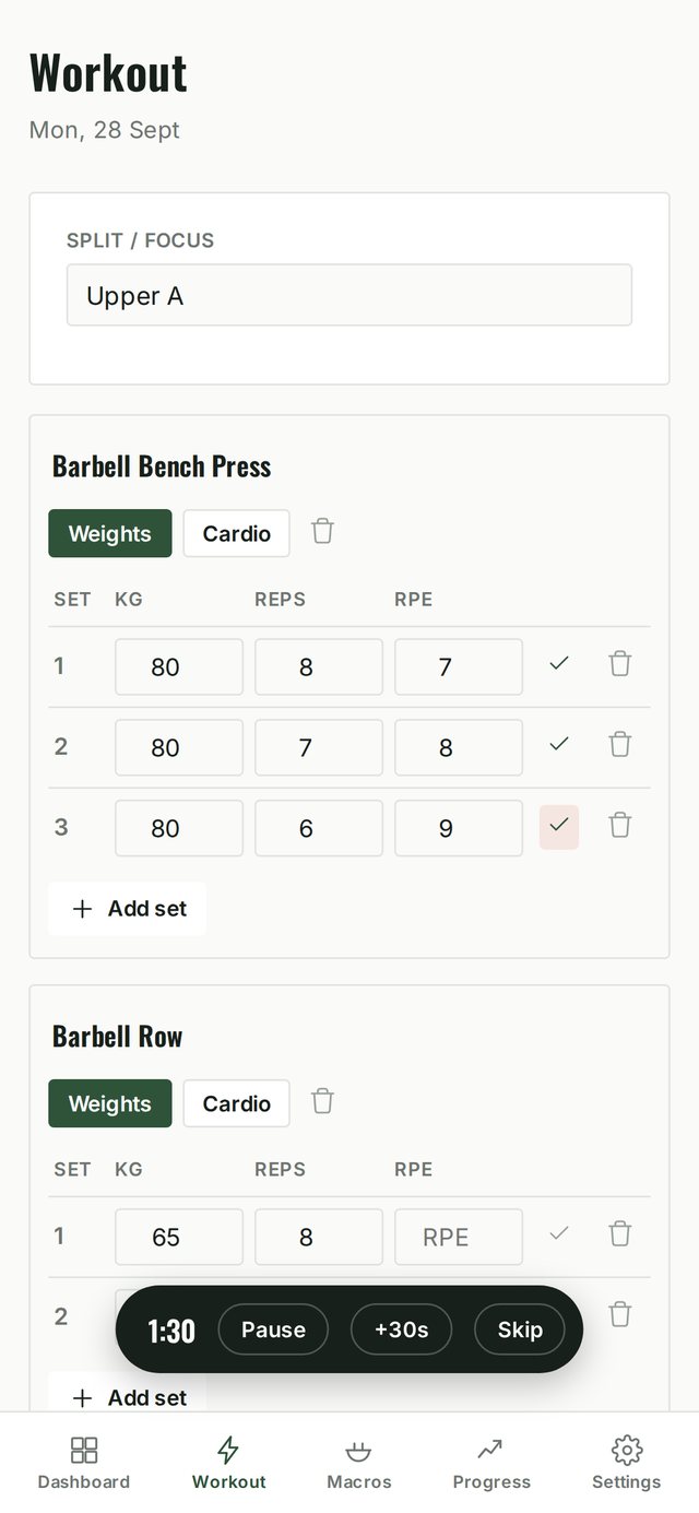Peak Log workout logger on a phone showing sets, reps and a rest timer